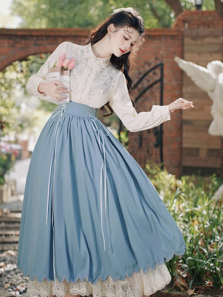 Original Design Two Piece Skirt Set Women Spring Autumn Embroidery Shirt and Lace Patchwork Long Skirts Outfits