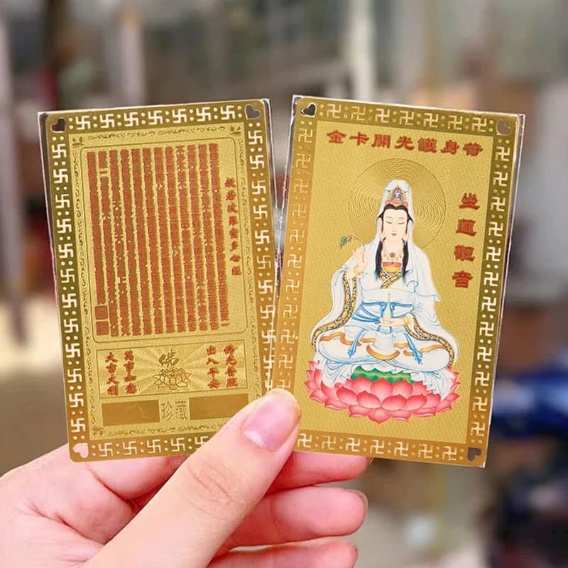 1pc Guanyin Sitting Lotus Metal Buddha Card Heart Sutra Buddha Card, Peace Amulet Card, Buddhist Gold Card Luck Blessing