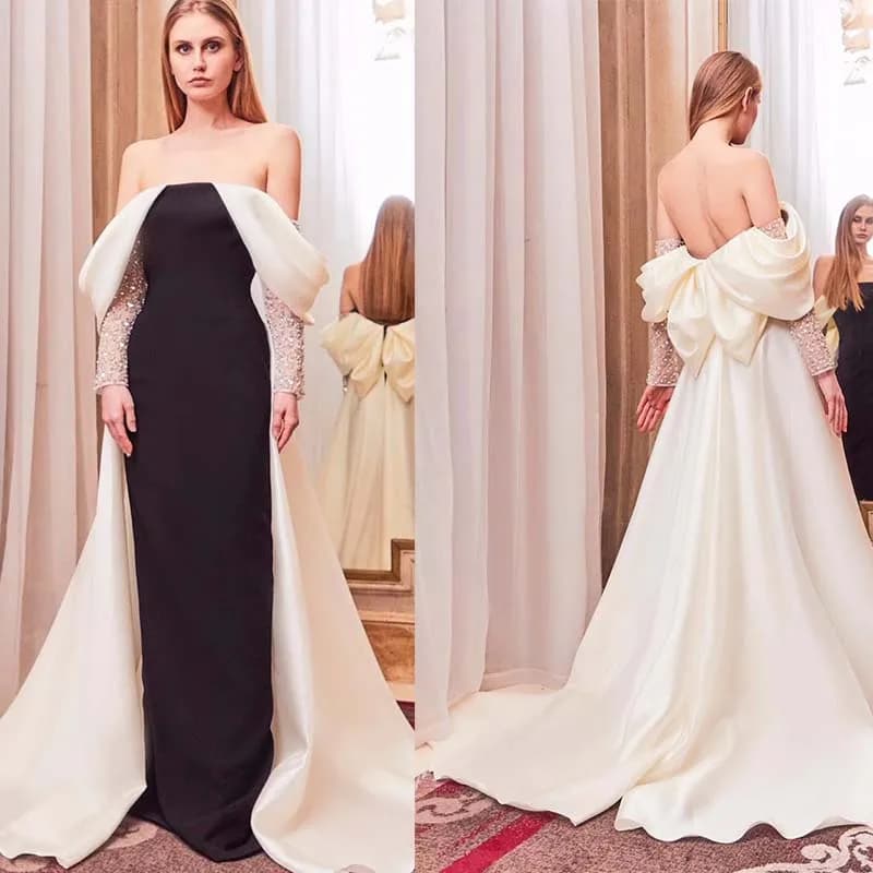 L200 New Arrival Off The Shoulder Long Sleeves beaded Black White فساتين السهرة vestidos de fiesta فساتين سهره evening dresses