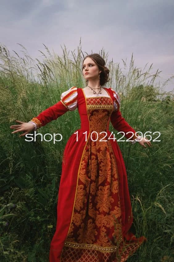 Red Italian Renaissance Evening Dress for Women Long Sleeve 16th Historically Lace Costume Prom Gown Civil War dress wear