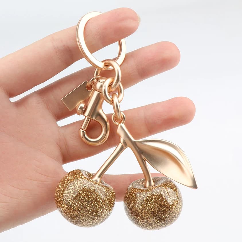 Sparkling Gold Cherry Pendant for Bag Glitter Resin Cherry Pendant for Purse Keychain Charm Festive Christmas Accessory