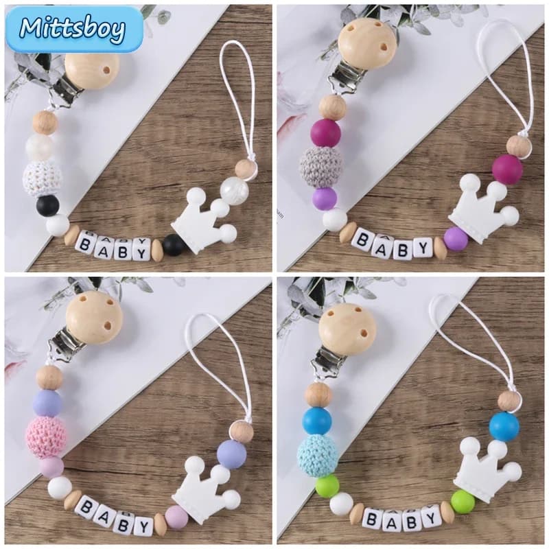 Personalized Name Handmade Silicone Beads Chews Nurse Gift Toys Crown Teething Necklace Pacifier Clips With Name DIY BABY Custom