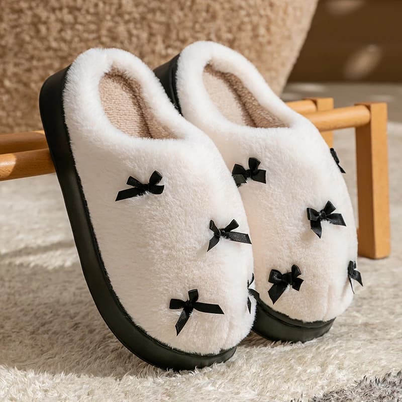 Fashion Women's Bow Slippers Winter Indoor Home Warm Non-Slip EVA Thick Bottom Couples Shoes Plush Soft Sole House Slides