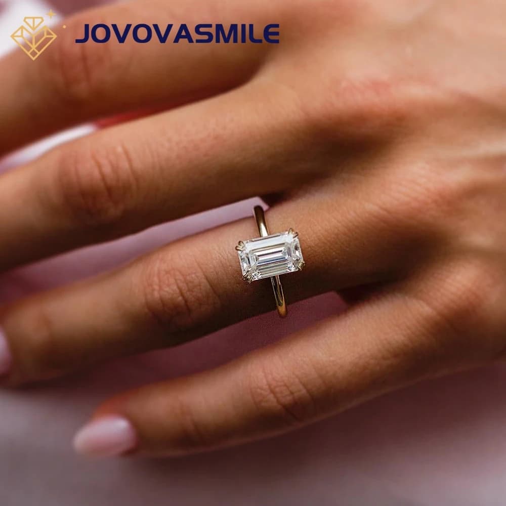 JOVOVASMILE Moissanite Ring 3 Carat 10x6.5mm Emerald Cut Moissanite In 14K Yellow Gold With 1.5mm Solitaire Band for Woman