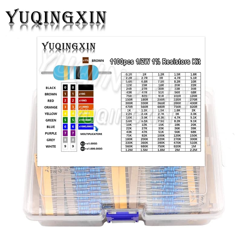 1100pcs 1/2W Metal Film Resistor Kit 1% 0.1 ohm - 2.2M 110 ValuesX10pcs 0.5W Resistance Set Assortment Pack