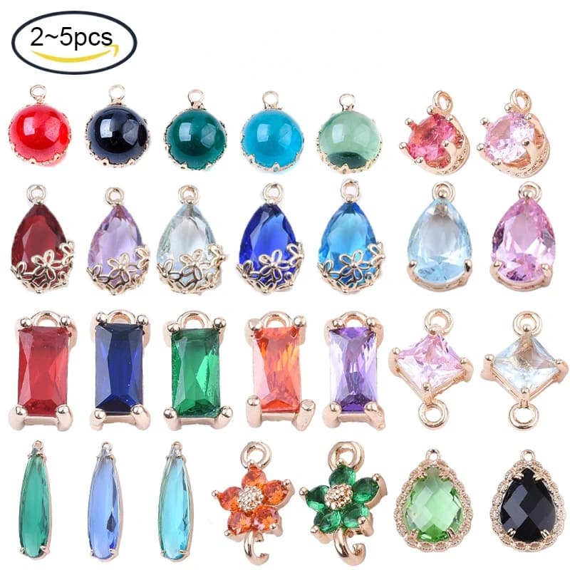 2-5PC Transparent Glass Pendants links Brass Findings Faceted Rectangle Flower Teartrop Round AB Color Light Gold Plated