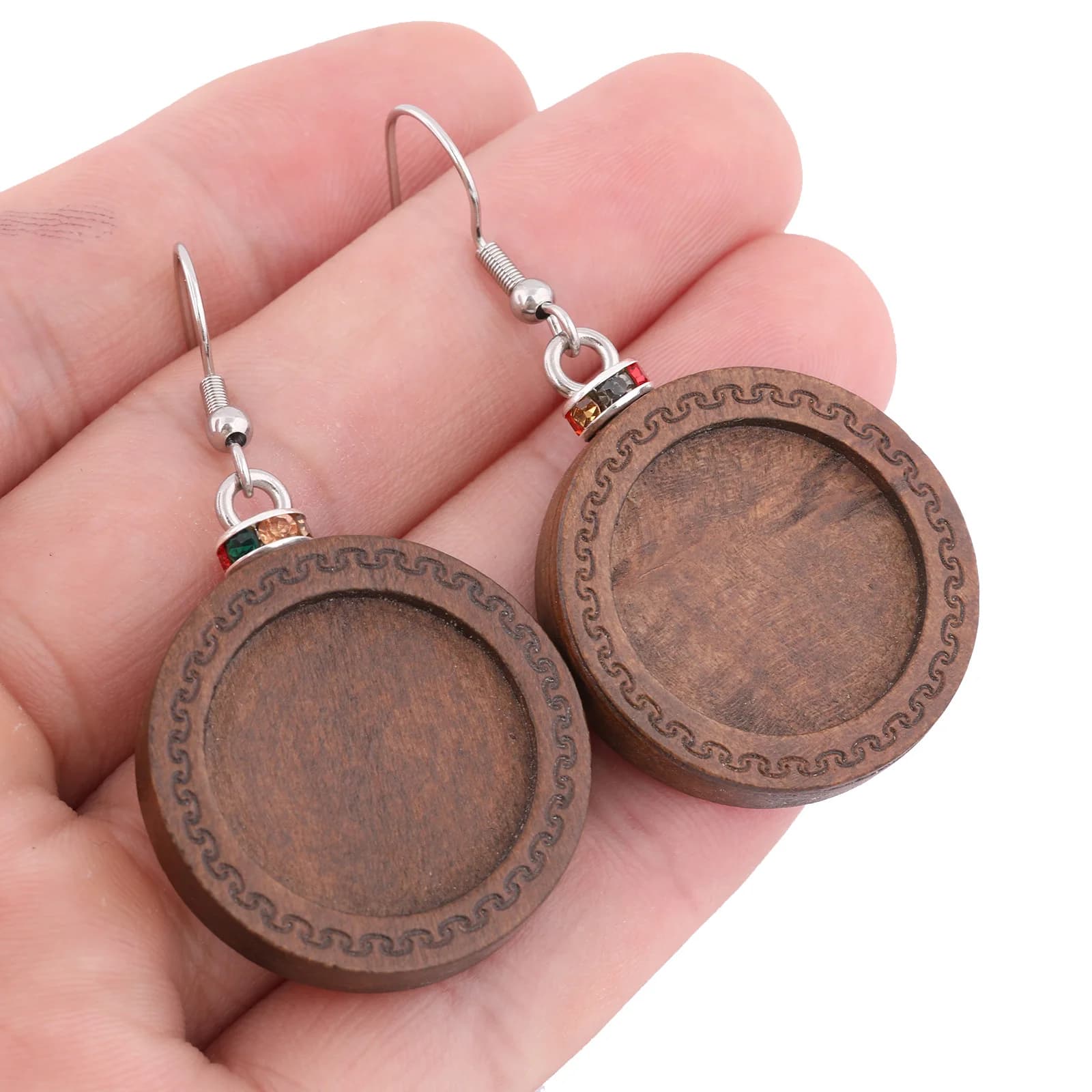 6pcs 20mm Wood Cabochon Earring Base Setting Blanks With Spacer Charms Diy Stainless Steel Ear Hooks Findings For Jewelry Making
