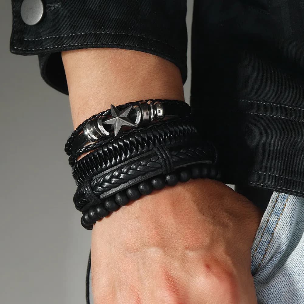 Trendy Black Men's Minimalist Bracelet Alloy Five Pointed Star Beaded Leather Bracelet Combination Set Of Four Party Accessories