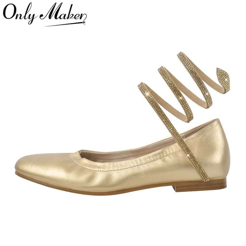Onlymake Women Rhinestones Gold Metallic Ballet Flats Flats