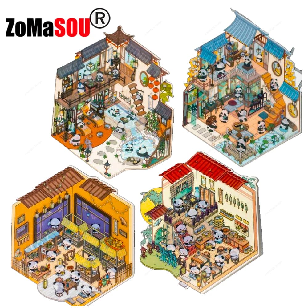 Cute Pandan Village 3D Landscaping Stickers Chinese Miniature Scene DIY Cabin Scene Hand Account Birthday Gift for Kid Child