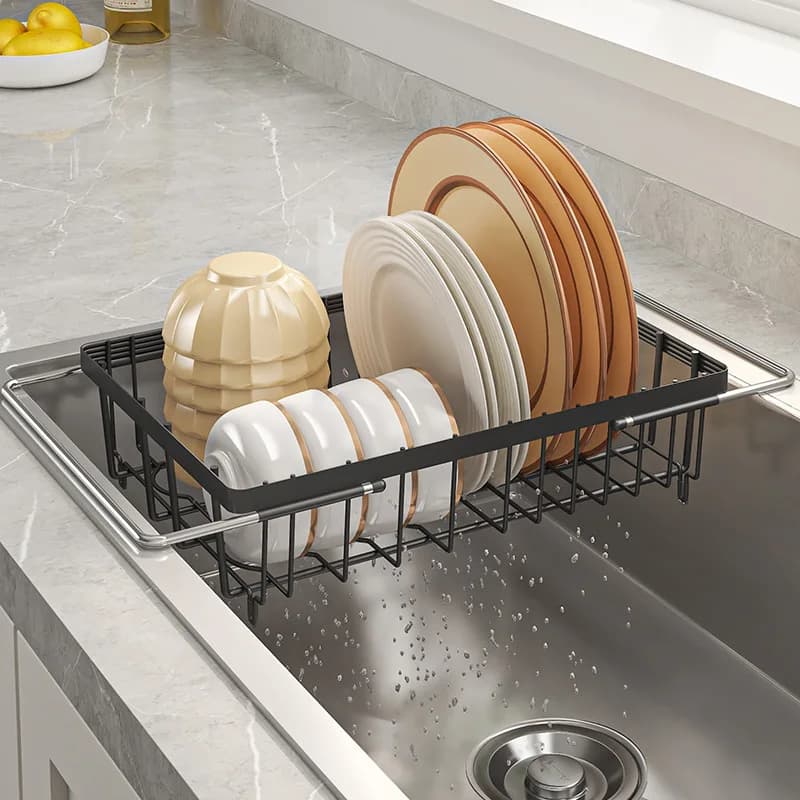 Dish Drying Rack on Sink Retractable Tableware Single Layer Iron Drying Basket with Water Outlet Pipe
