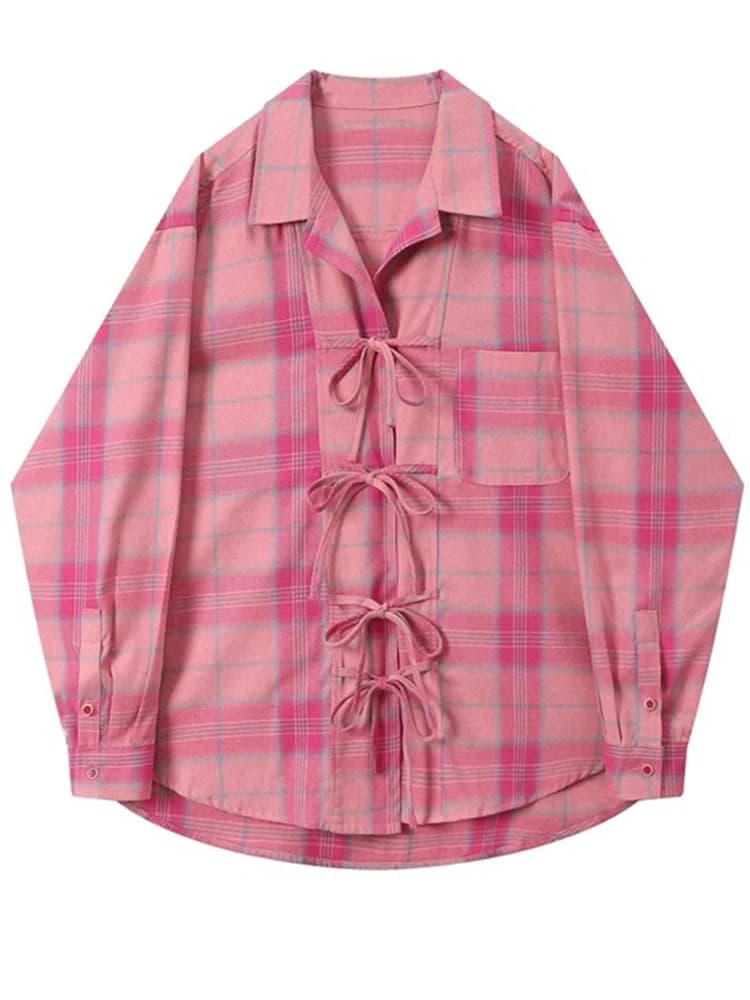Autumn Women Korean Fashion Vintage Long Sleeve Plaid Shirts Blouses Top Oversize Japanese Cute Core Lace Up Design Stylish New