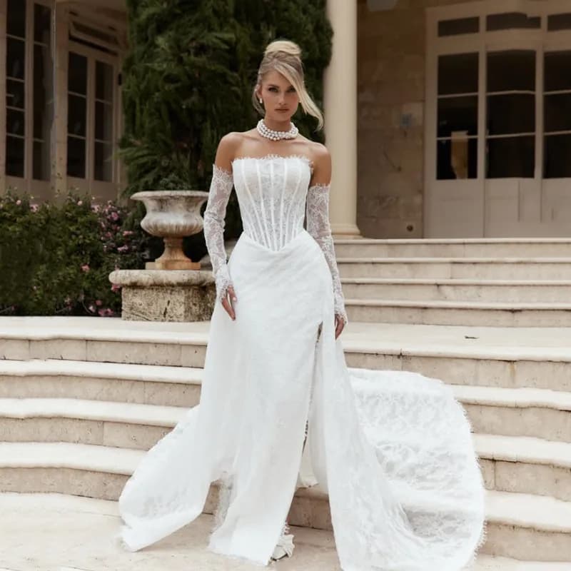 Customized Luxury Lace Appliques Mermaid Wedding Dresses White Sexy Strapless Backless Sleeveless High Slit Bridal Gowns 2025