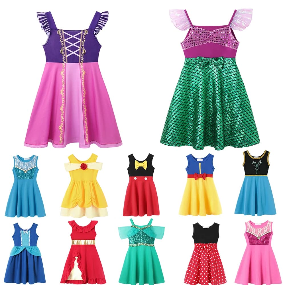 Children's Casual Dress for Girls Mermaid Rapunzel Dress One-Shoulder Sling Short Sleeve Princess Costume Summer Casual Vest