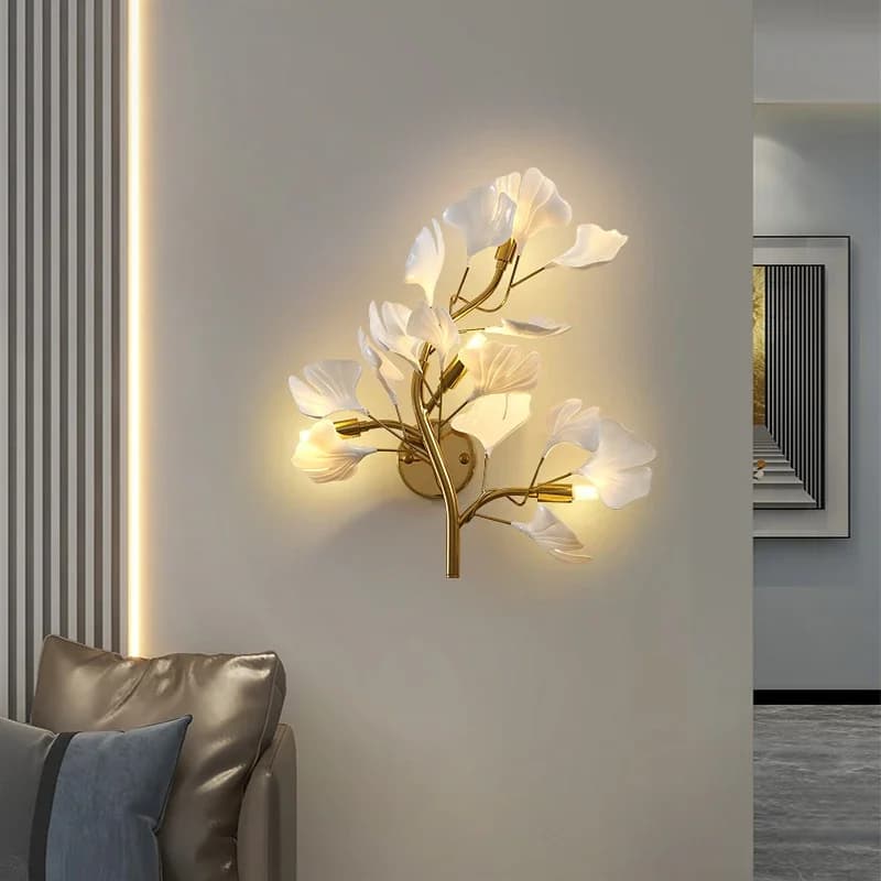 Modern LED Gold Wall Light Ceramic Ginkgo Leaf Decor Wall Lamp for Hotel TV Background Kitchen Island Lusters Bedside Lighting