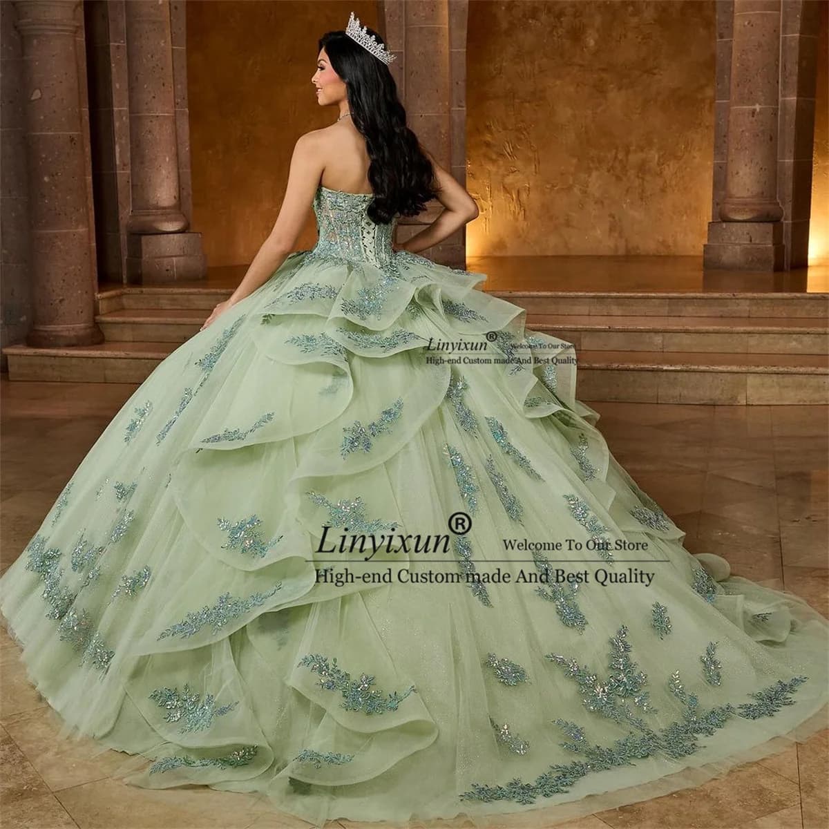 Mint Green Ball Gown Quinceanera Dress With Applique Sequins Birthday Sweet 16 Gowns Customized Mexican Vestidos De 15 Año