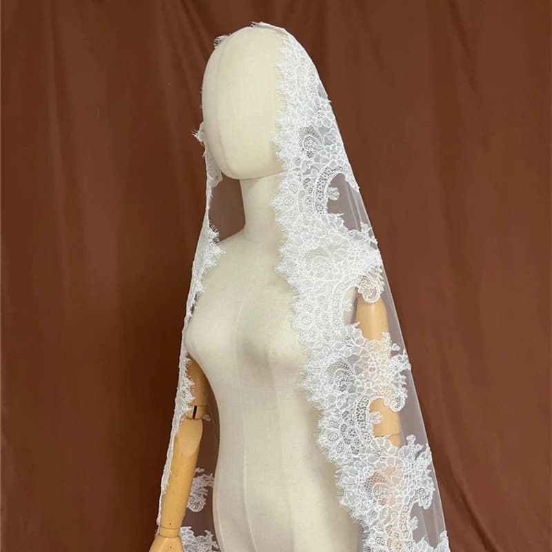 Two Layers Mantilla Wedding Bridal Veils Lace Trim With Comb Blusher White Ivory Tulle Accessories For Brides Cathedral Long