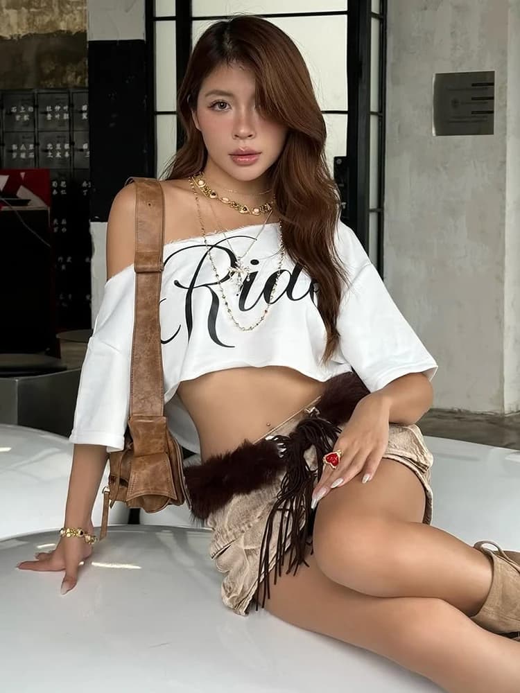 Nibber Loose Letter Print Mini t-Shirt Women Summer Trend Biased Collar Versatile Street Skinny Simple Classic Party Daily Tops