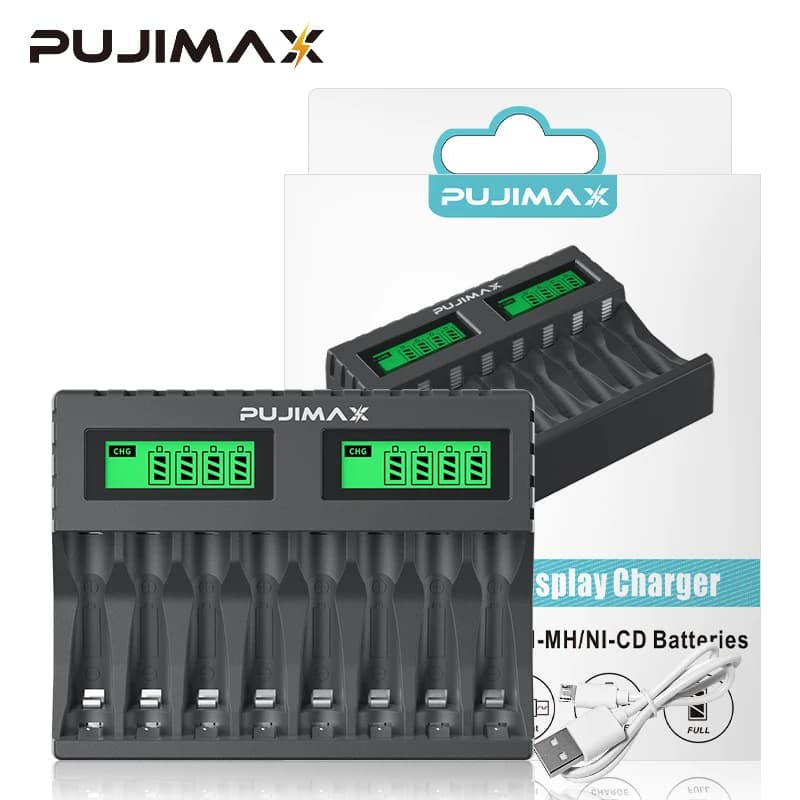 PUJIMAX 8-slot Battery Charger Suitable AAA/AA Rechargeable Battery Short Circuit Protection LED Display Ni-MH/Ni-Cd USB Charger