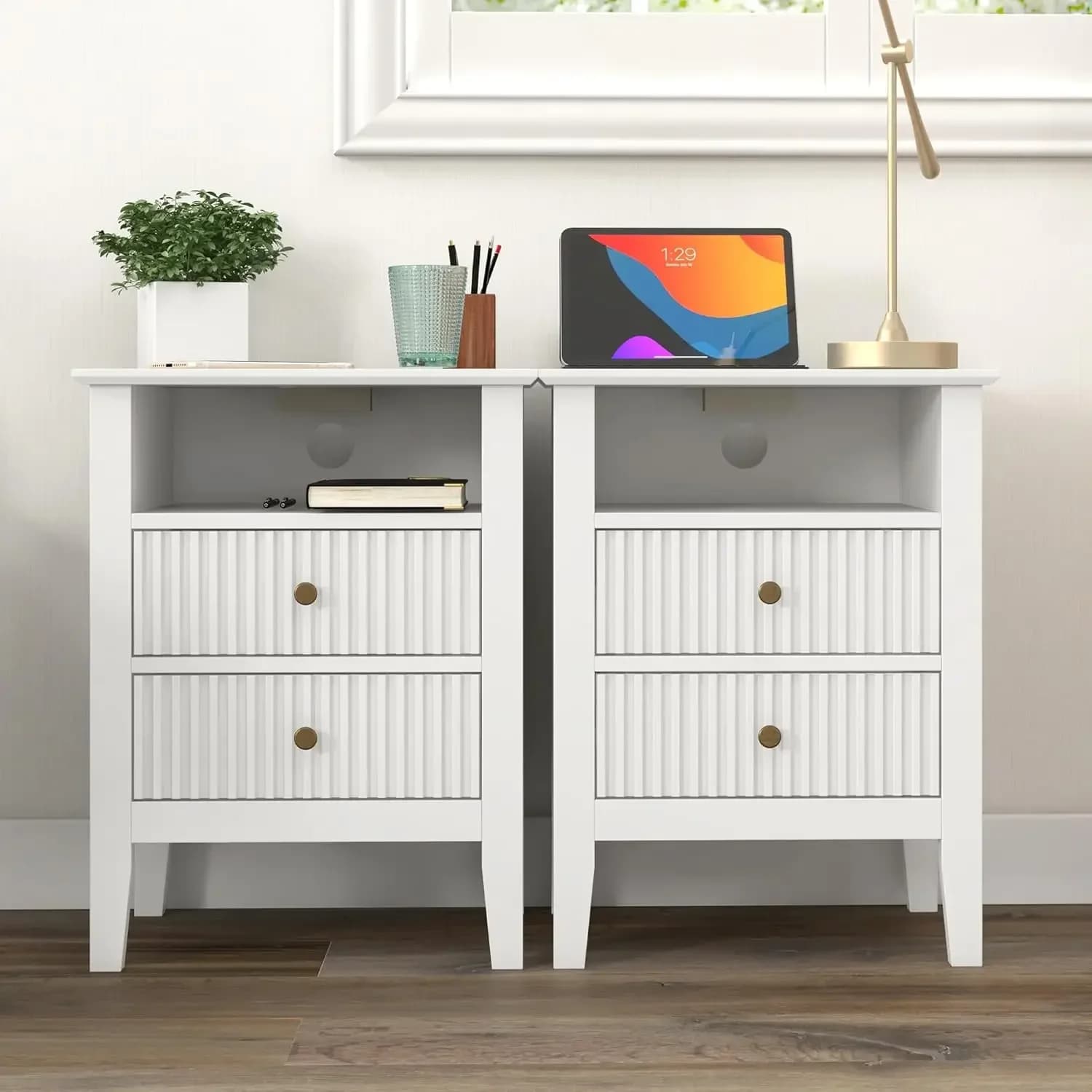 Nightstand Set of 2 with Charging Station End Table with 2 Slide Drawers & Storage Shelf, Modern Wood NightStand Cabinet