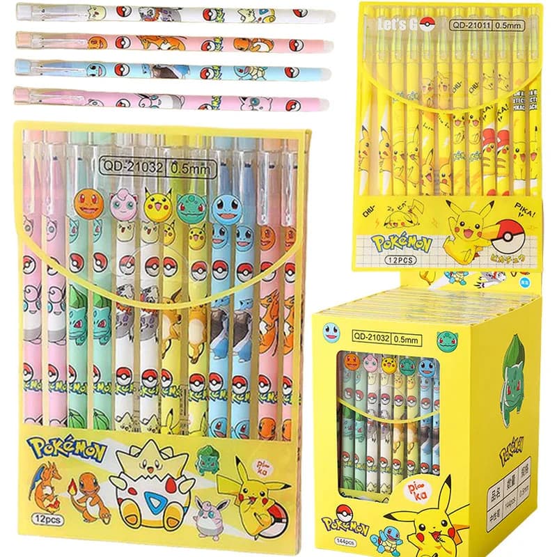 12PCS Pikachu Erasable Pen Neutral Gel Pens Cartoon Black Water Ink 0.5mm Cute Signature Pen Stationery Student Gift