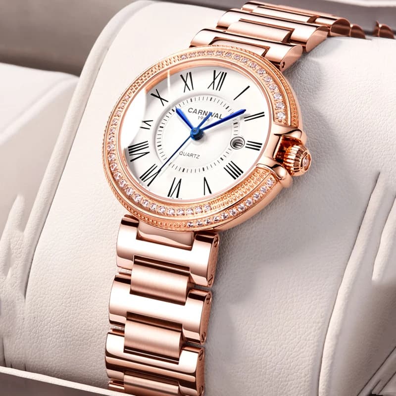 CARNIVAL Fashion Ultra Thin Dial Women Watches Waterproof Rose Gold Stainless Steel Diamonds Quartz Watch Women Relogio Feminino