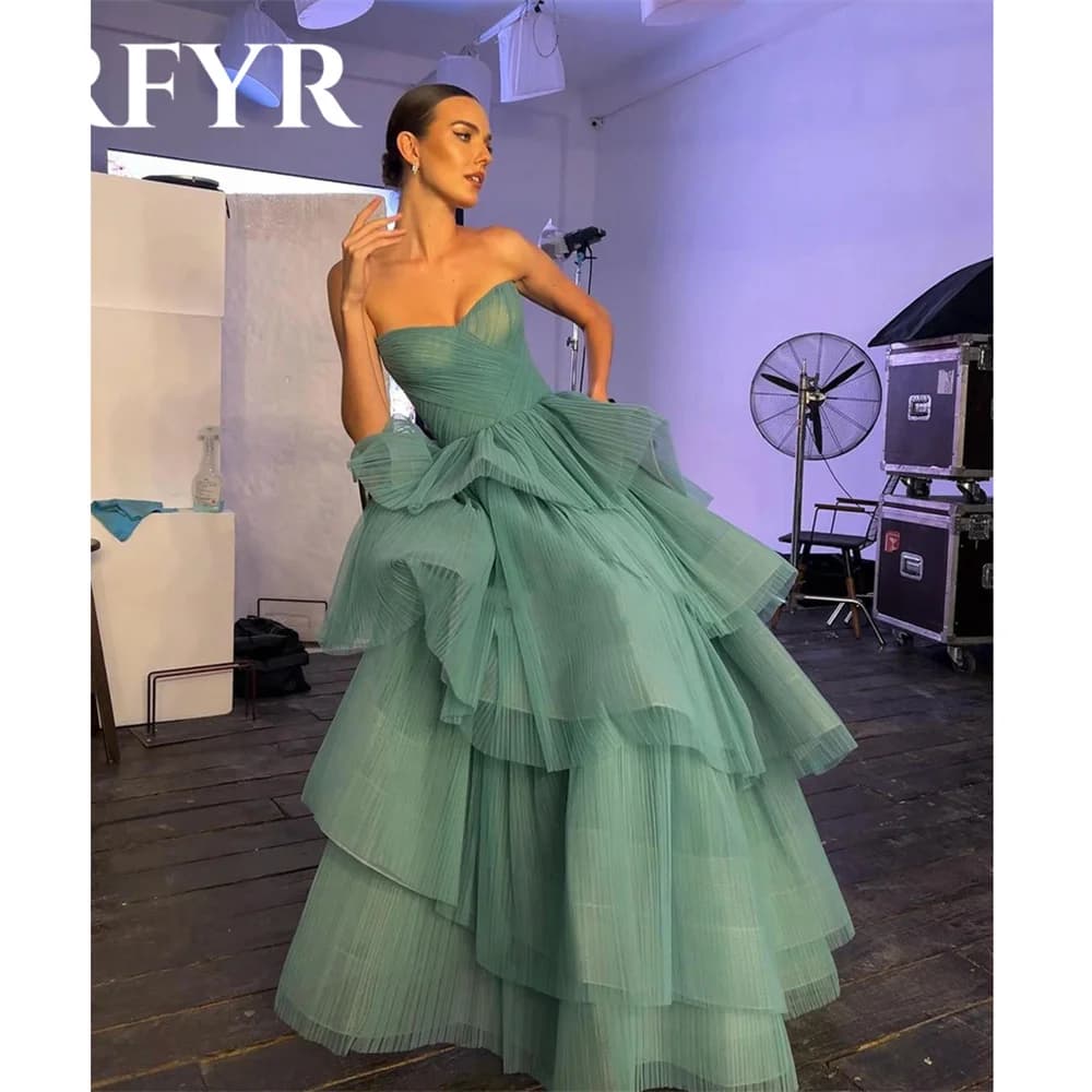 RFYR Green Evening Dresses A-line Tulle Women Prom Dress Princess Tiered Pleat Sweetheart Formal فساتين مناسبة رسمية Customized