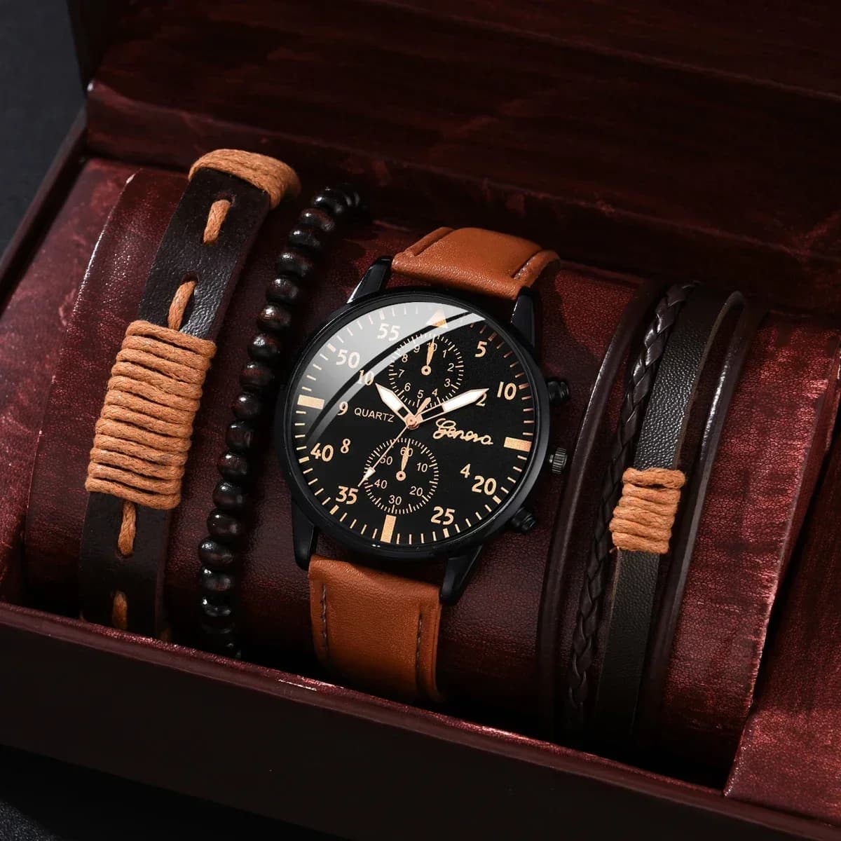 4/2/1pcs Men Sports Watches Set Man Business Quartz Wristwatch Luxury Brown Leather Bracelet Men Casual Clock Watch(no Box)
