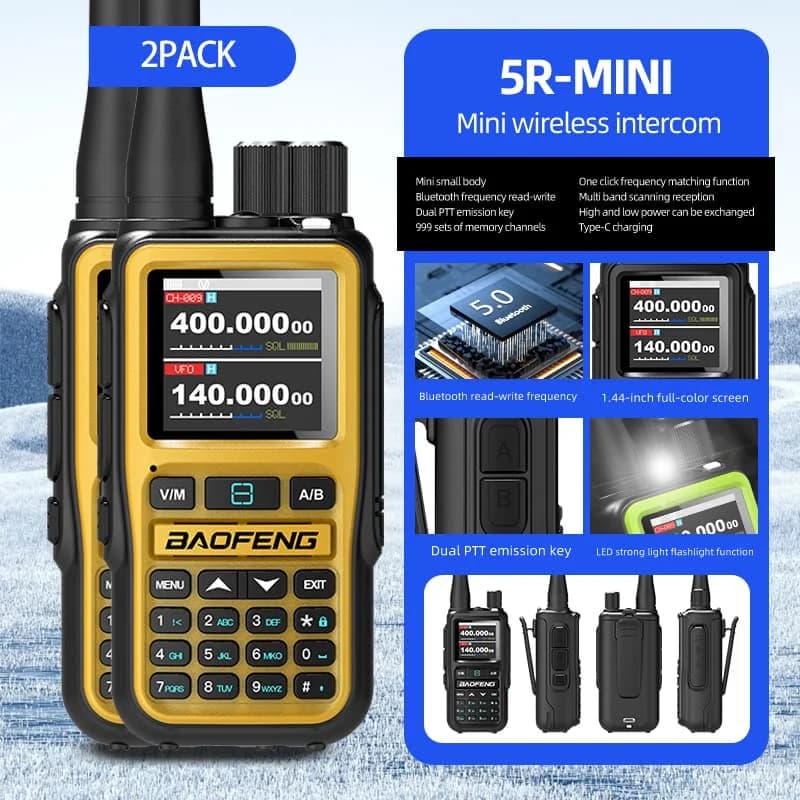 Twin Pack Baofeng UV-5R Mini 5W Radios | Bluetooth Channel Sync + NOAA Storm Reports | Type-C Rechargeable for Emergencies