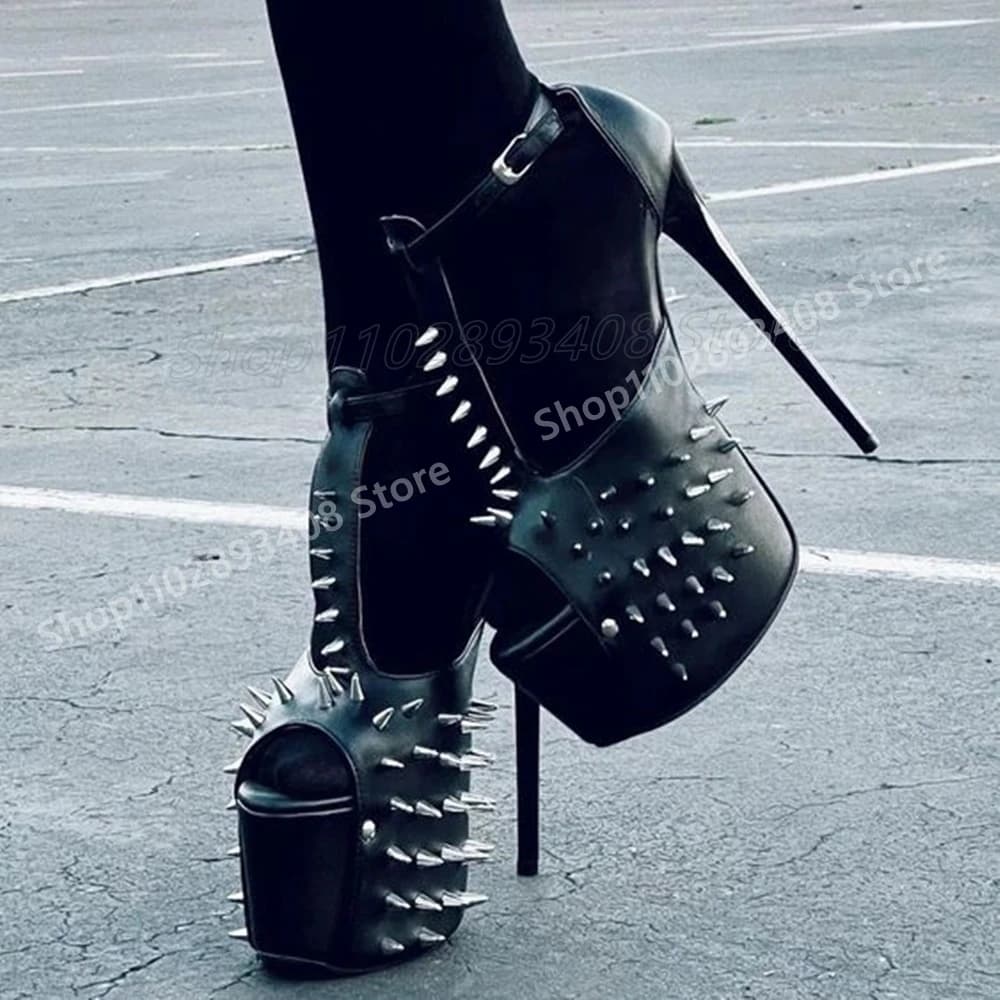 Sexy Metal Rivets Platform Sandals T-Strap Peep Toe Stiletto High Heel Matte Party Fashion Women Shoes 2025 Summer Para Mujere
