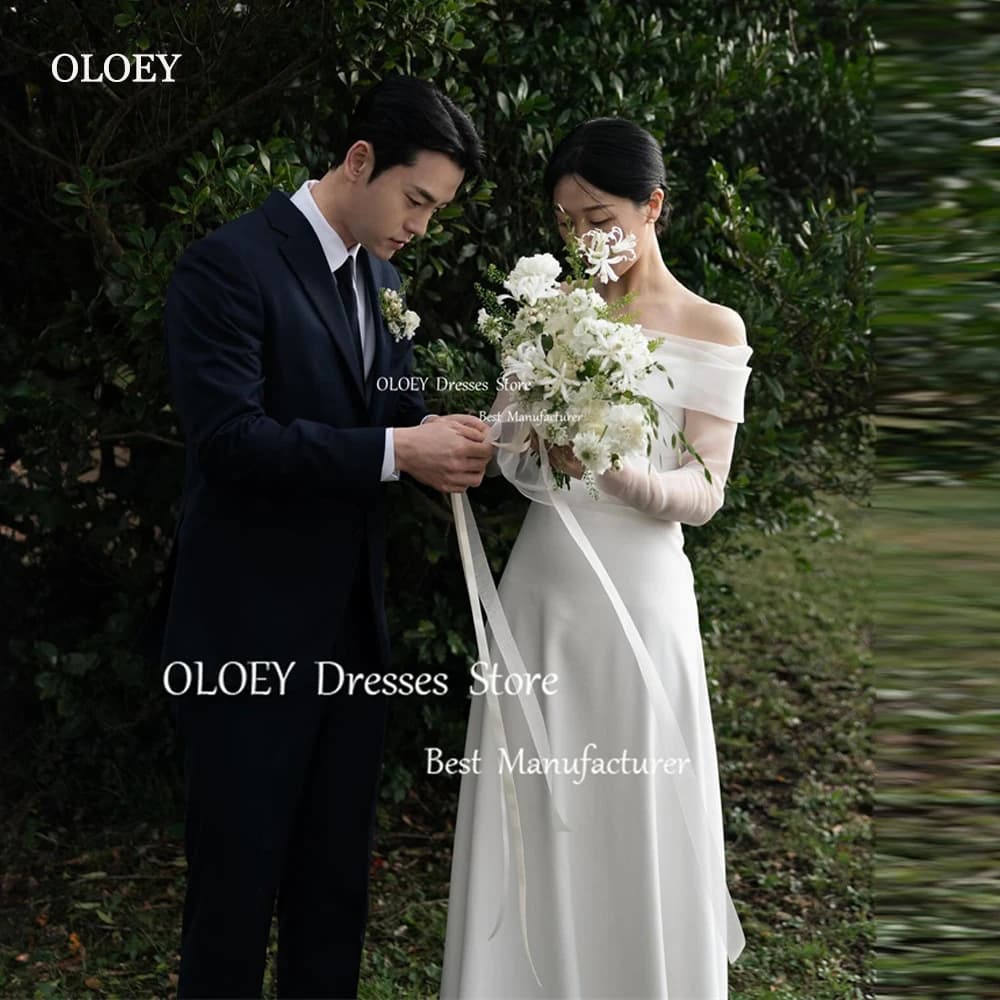 OLOEY Simple A Line Korea Wedding Dresses Photoshoot Long Sleeves Off Shoulder Floor Length Bridal Gowns Corset Back 2024