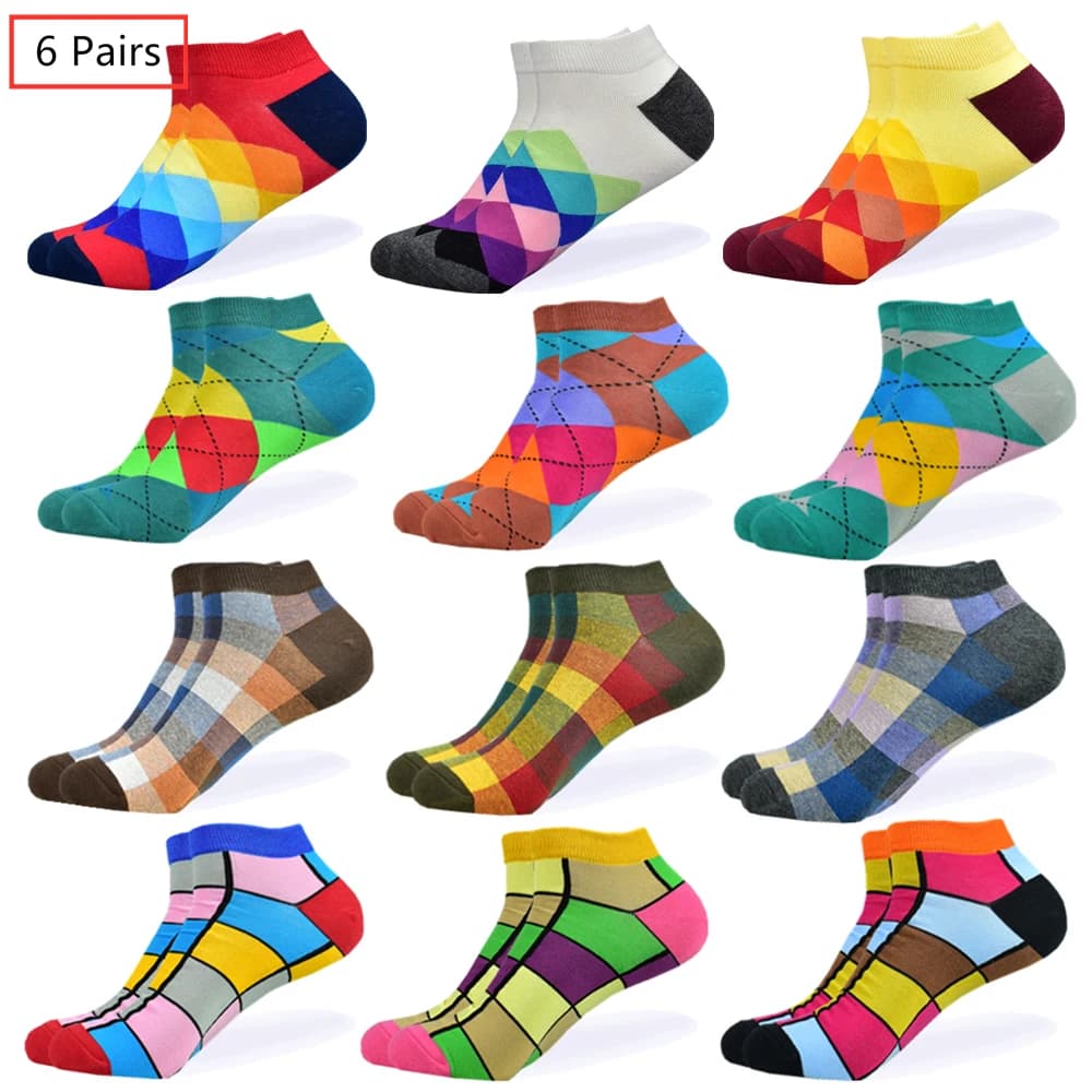6 Pairs Men Novelty Fashion Colorful Casual Ankle Short Socks Harajuku Grid Space Cotton Happy Funny Men Women Socks