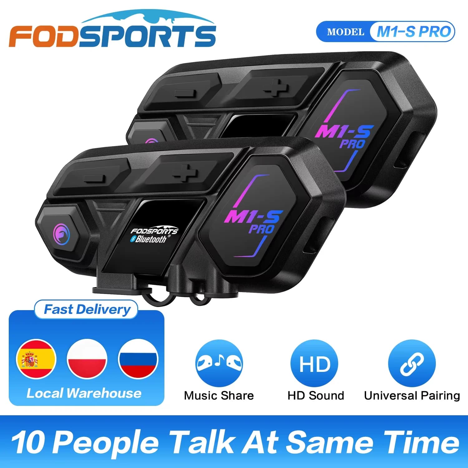 2pcs Fodsports M1-S Pro motorcycle helmet intercom,helmet bluetooth headset,10 riders 2000M communicator interphone