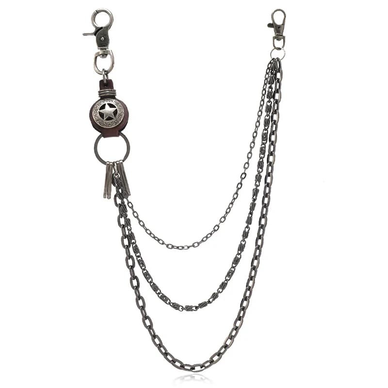 Metal Leather Layered Chain Round Pentagram Keychains Men Waist Key Chain Trouser Jeans Punk Gothic Hip-hop Pants Belt Jewelry