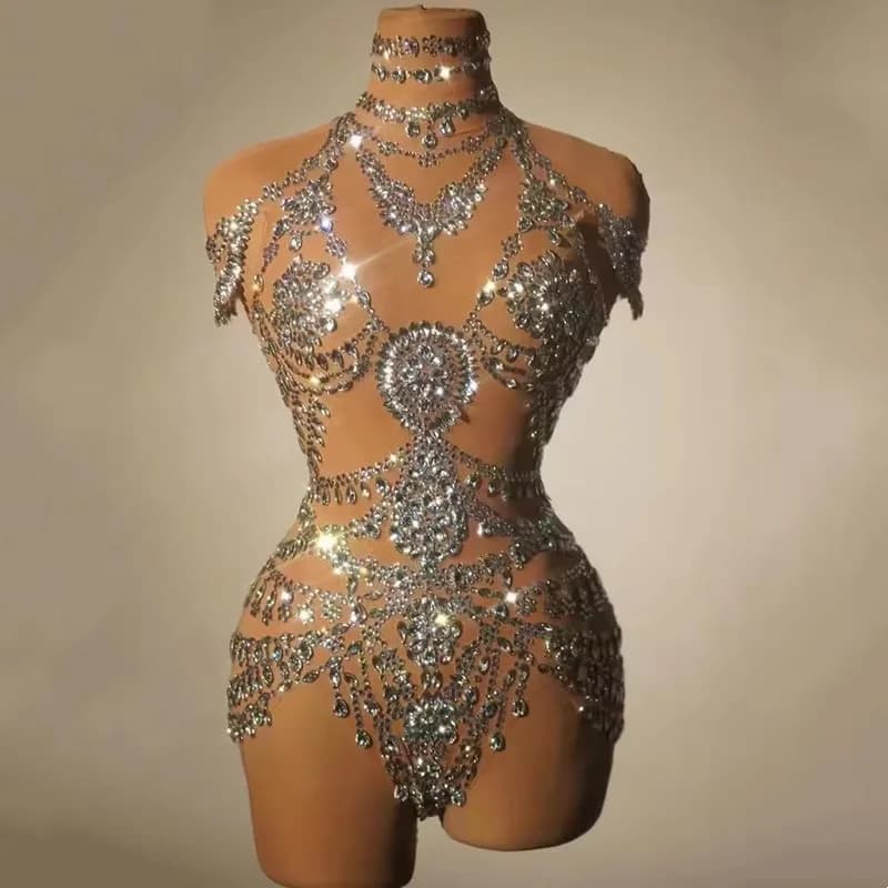 Bar Nightclub Sexy Transparent Rhinestones Bodysuit Stage Wear Dancer Singer Club Party Rave Outfit Crystal Performance Costume
