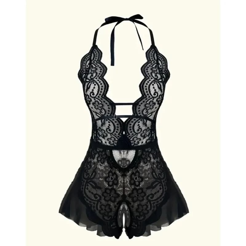 Women's Summer Sexy Halter Halter Dress Open Bra Crotchless Tight Solid Color Pajamas Lace Lace Hollow No Underwire Home Wear