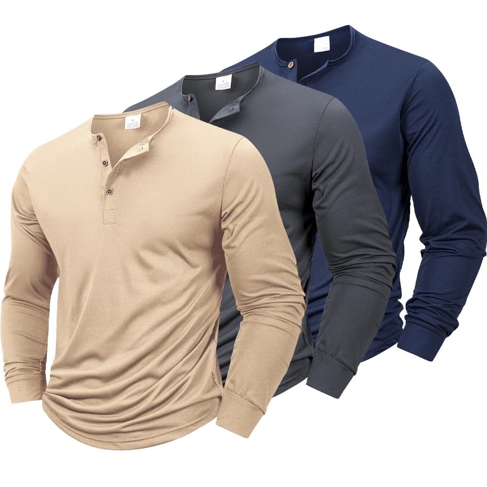 Men's Long Sleeved Henley Neck T-shirt Slim Fit Bottoming Shirt Fitness Tops Tees Button Neck Casual Cozy Tshirt