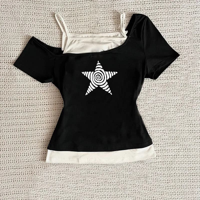 Women's Harajuku 2025 Summer Casual T-Shirt Y2K Retro Streetwear Halter Neck Print Fake Two-Piece Set Fashionable Street Style