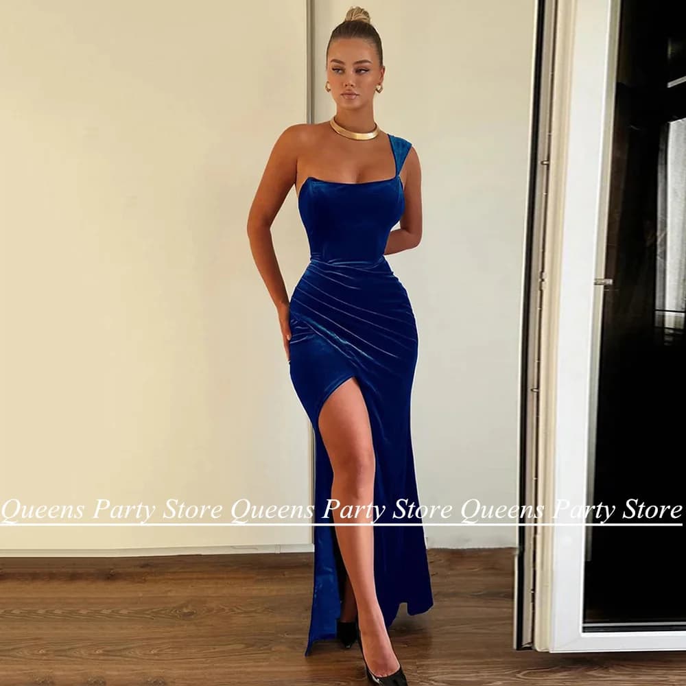 Sexy Velour Evening Dress One Shoulder Sleeveless High Slit Mermaid Party Gown Royal Blue Formal Evening Dresses for Weddings