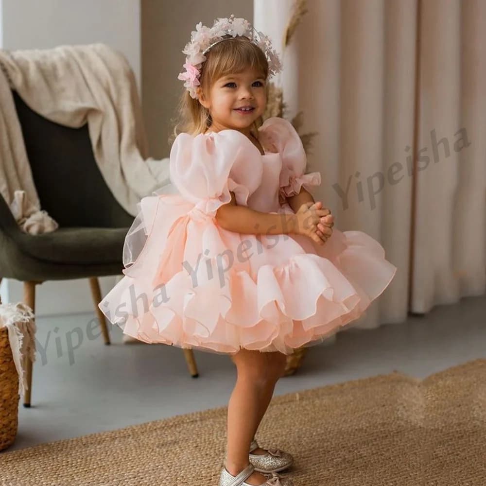 Cute Baby Girl Organza Flower Dress Customized Princess Party Gown Short Sleeves Birthday Communion Dresses for Christmas