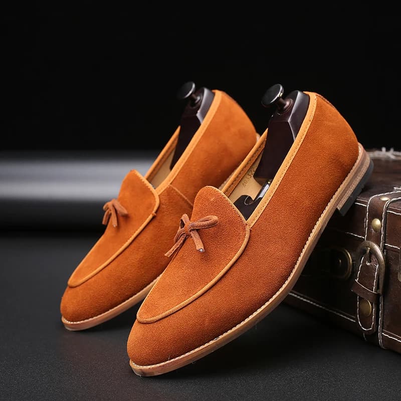 Fashion Men's Casual Shoes Cow Suede Genuine Leather Men British Style Bowknot Loafers Mens Slip-on Outdoor Driving Flats