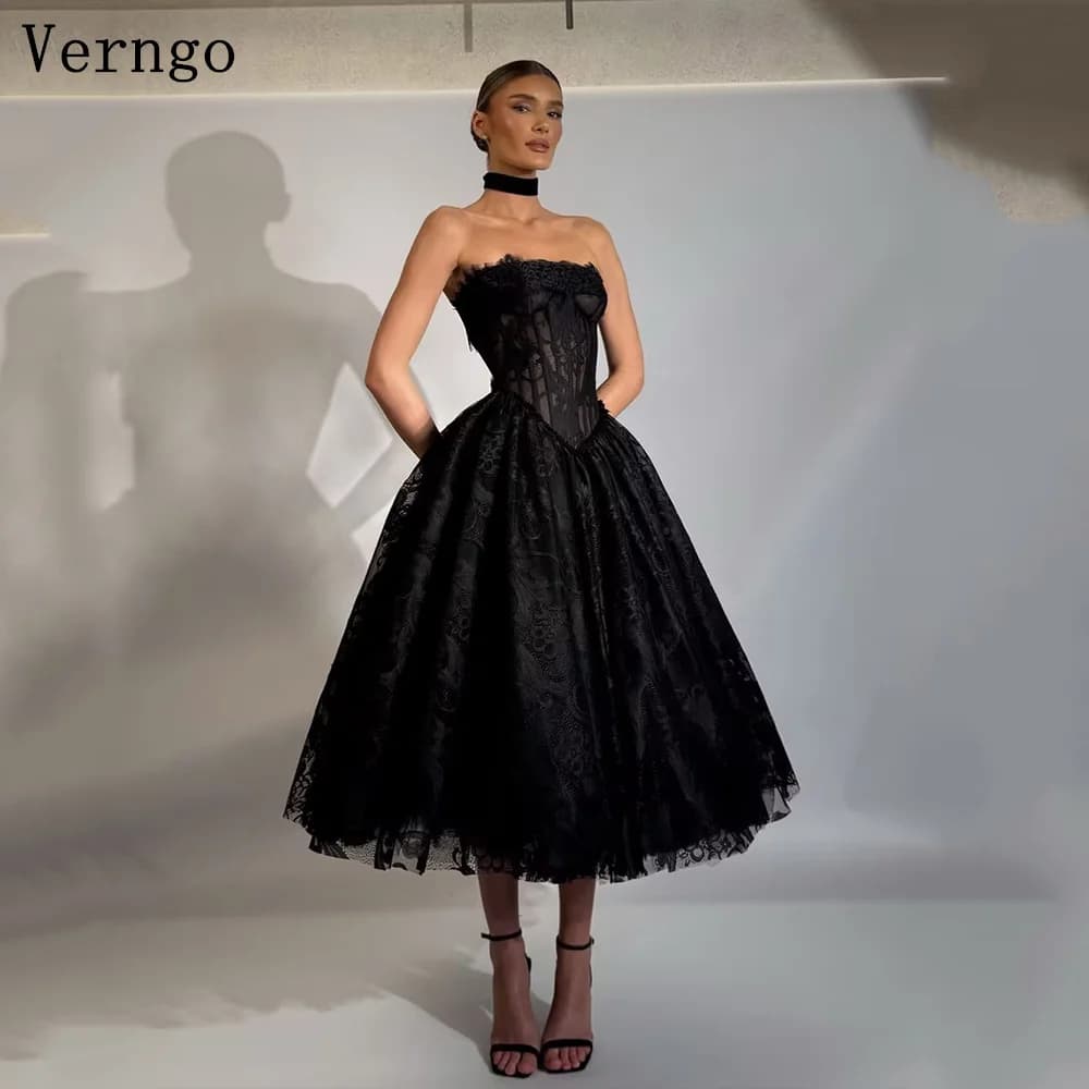 Verngo Black Lace Prom Gown Strapless A Line Danceing Show Elegance Evening Dresses Formal Black Dress Party Dress Customized