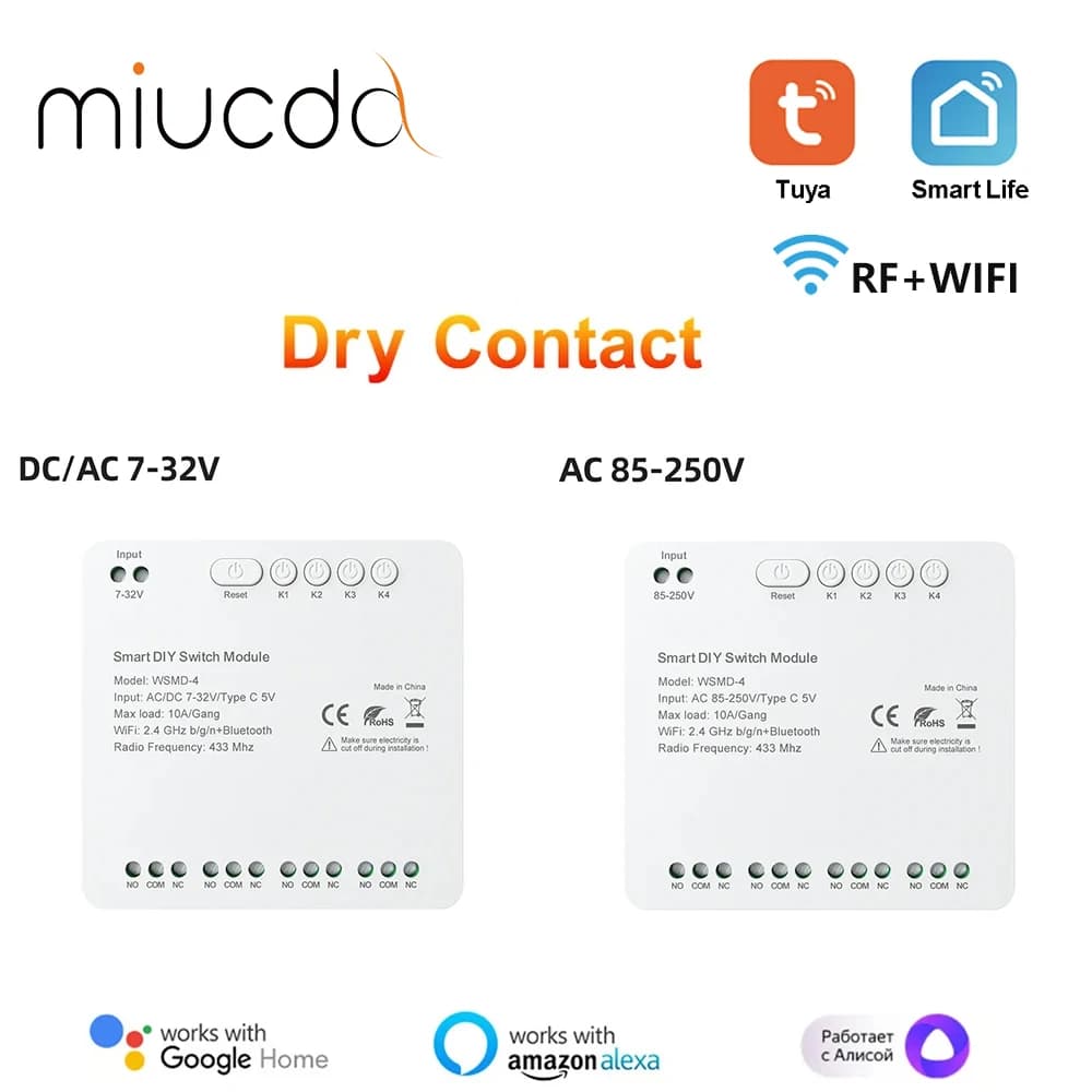MIUCDA Tuya Smart 4 Channel Dry Contact Switch Module with 7-32V/85-250V,with Alexa and Google Home,WiFi and RF Remote Control