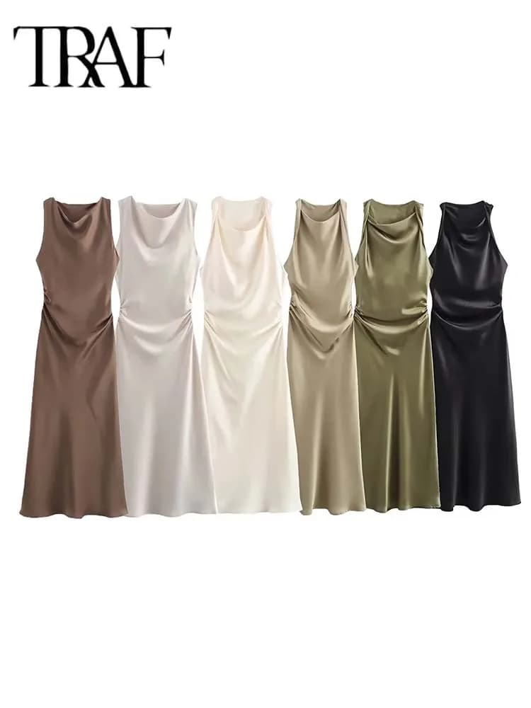 Satin Long Dresses for Women 2024 Summer Slip Midi Dress Woman Sexy Evening Party Dress Sleeveless Female Elegant Dresses