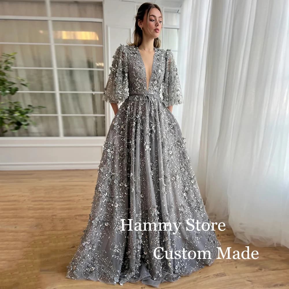 Grey Evening Dress Customized Luxury V Neck Beading Sequined Flower A Line Special Occasion Dresses Shinny Prom Gown for Party