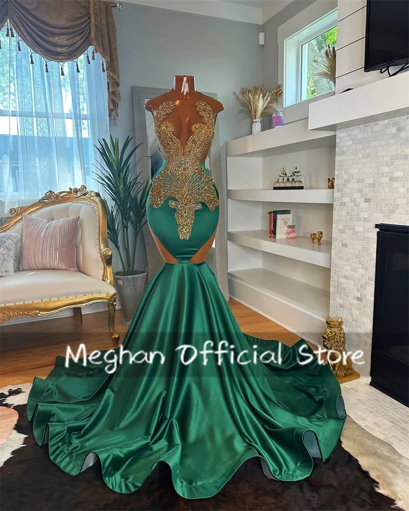 Green Long Prom Dresses For Black Girls Bead Crystal Rhinestone 2024 Birthday Luxury Dress Graduation Gown Back Out Customized