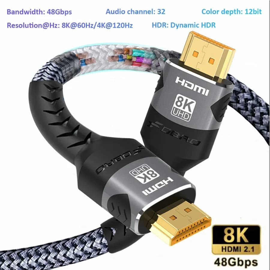 8K HDMI Cable 2.1 48Gbps High Speed HDMI Braided Cord-4K@120Hz 8K@60Hz, DTS:X, HDCP 2.2 & 2.3, HDR 10 for Compatible Laptop/PS5