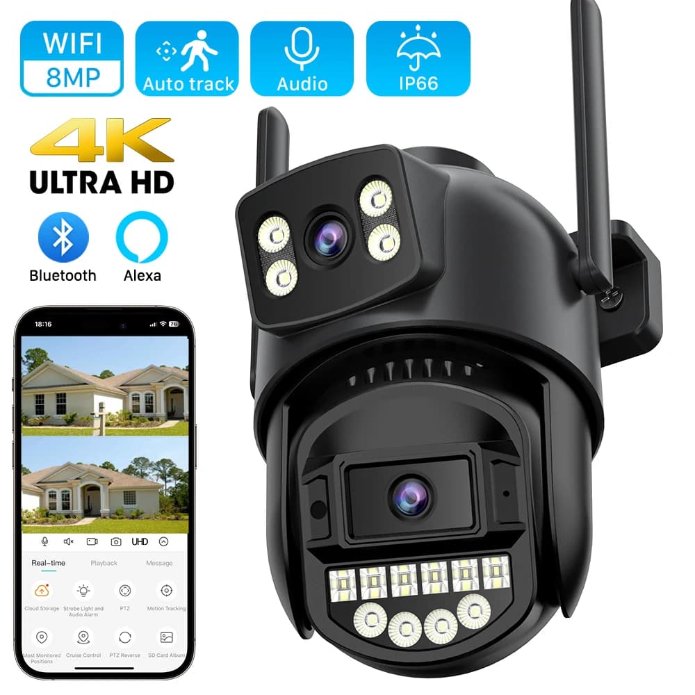 8MP 4K Dual Lens PTZ IP Camera with Dual Screen 4MP Ai Human Detection Auto Tracking Wireless Outdoor Surveillance Camera iCSee