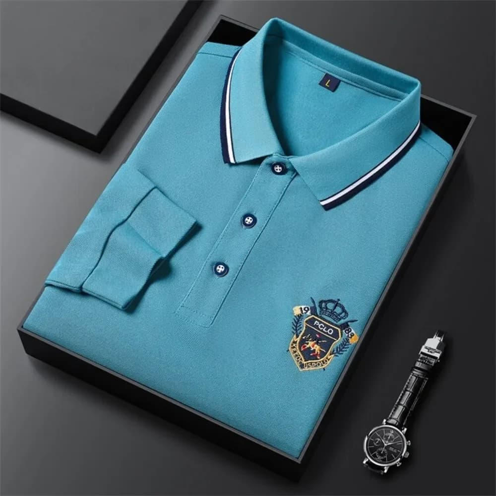 New Men's Long-sleeved Cotton Polo Shirt Fashion Embroidery Casual Bottom Pullover Shirts Tops Ropa Para Hombre