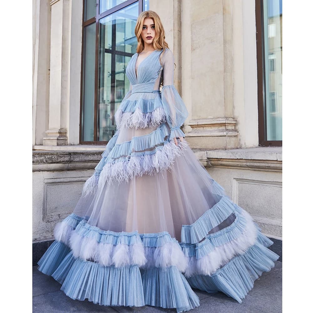 Formal Fashion Women Evening Dress Elegant V-Neck Long Sleeves Tiered Pleat Ruched Tassel Party Gowns Floor Length Prom Dress
